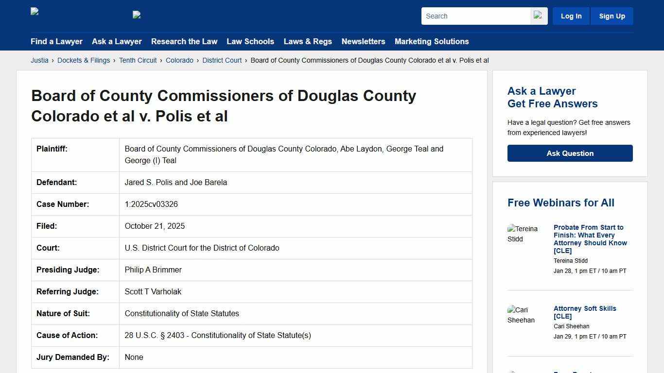 Board of County Commissioners of Douglas County Colorado et al v. Polis et al 1:2025cv03326 U.S. District Court for the District of Colorado Justia
